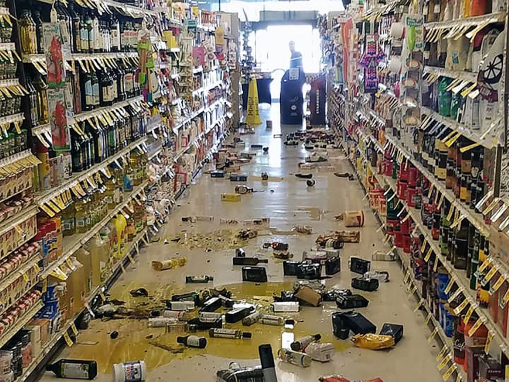 PHOTO: This handout picture obtained courtesy of Rex Emerson taken on July 4, 2019 shows broken bottles and other goods in a store in Lake Isabella, Calif., after a 6.4 magnitude quake hit Southern California.