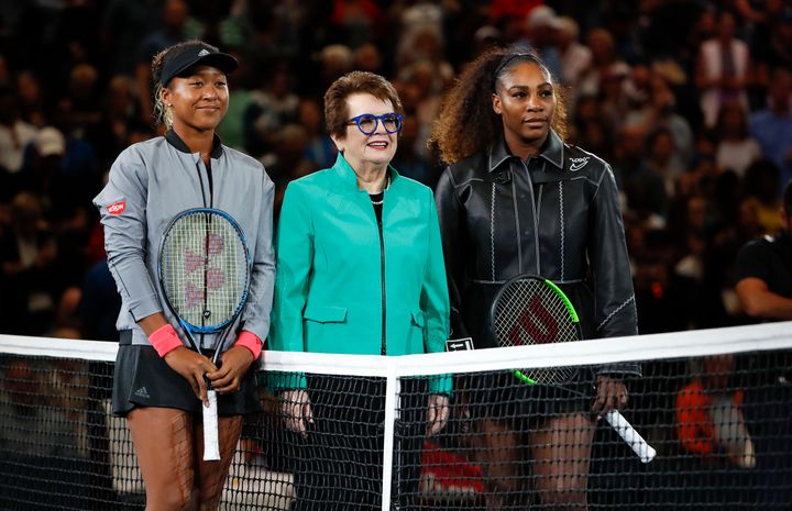 Osaka and Williams pose with tennis legend Billie Jean King before their U.S. Open match.
