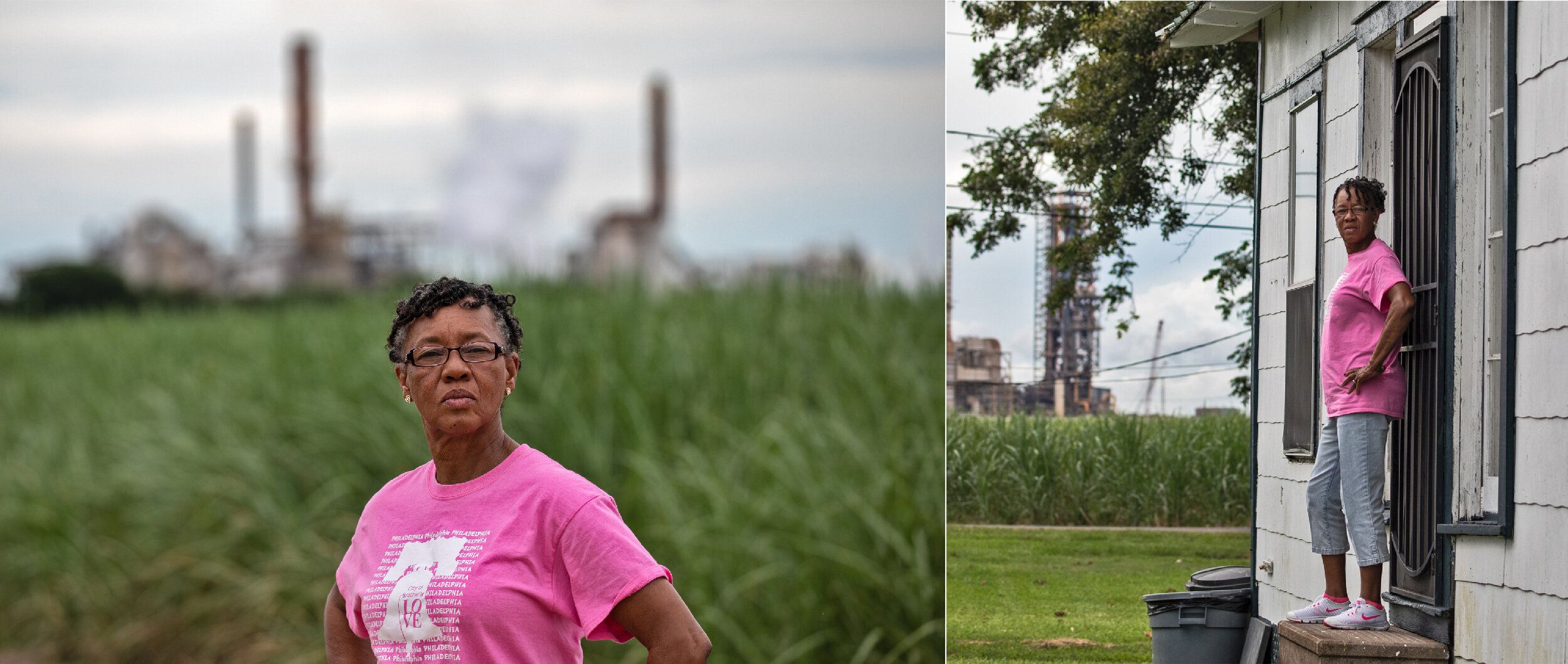 LEFT: Barbara Washington in front of a sugar cane field next to Mosaic's chemical plant in Convent, Louisiana. RIGHT:&nbsp;Ba
