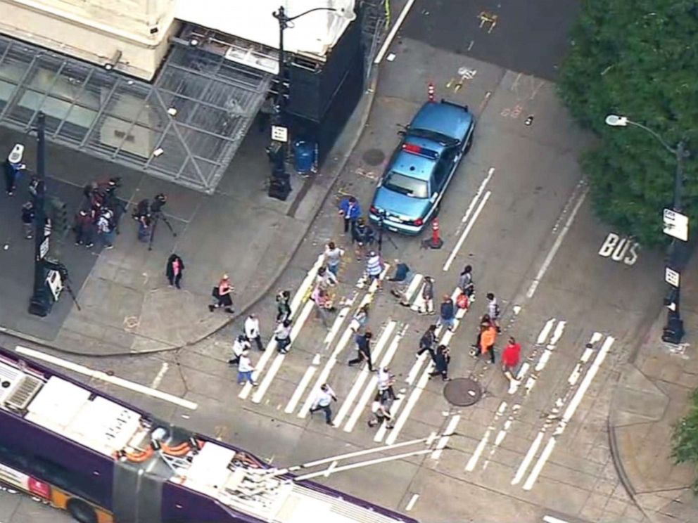 PHOTO: An image made from video shows police near the scene of a stabbing that took place in Seattle, July 9, 2019.