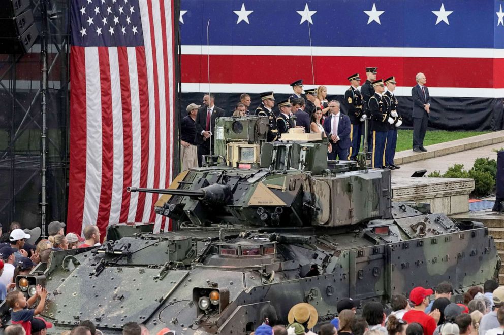 PHOTO: Spectators stand next to a tank at the Salute to America event at the Lincoln Memorial during Fourth of July Independence Day celebrations in Washington, D.C., U.S., July 4, 2019. REUTERS/Joshua Roberts