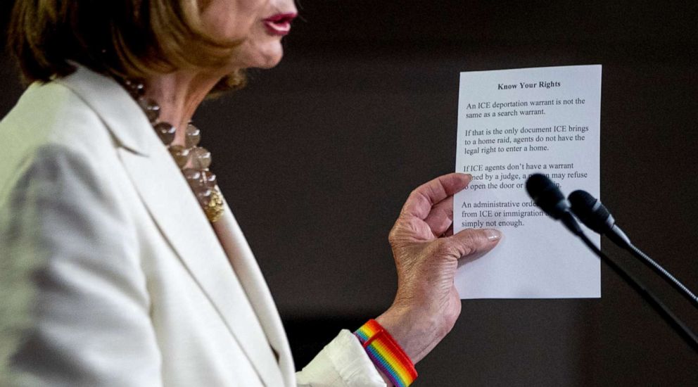 PHOTO: House Speaker Nancy Pelosi of Calif. reads from a paper titled Know Your Rights regarding ICE agents attempting to perform raids as she meets with reporters on Capitol Hill in Washington, July 11, 2019.