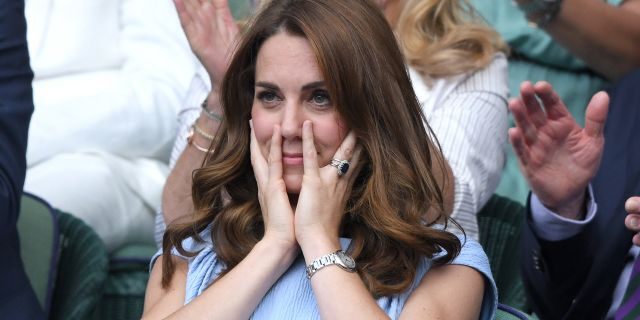 Catherine, Duchess of Cambridge in the Royal Box on Centre court during Men's Finals Day of the Wimbledon Tennis Championships at All England Lawn Tennis and Croquet Club on July 14, 2019 in London, England.