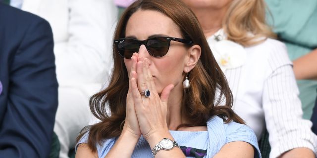 LONDON, ENGLAND - JULY 14: Catherine, Duchess of Cambridge in the Royal Box on Centre court during Men's Finals Day of the Wimbledon Tennis Championships at All England Lawn Tennis and Croquet Club on July 14, 2019 in London, England. 