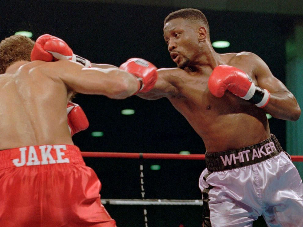 PHOTO: In this Nov. 18, 1995, file photo, WBC welterweight champion Pernell Sweet Pea Whitaker, right, delivers a right to the head of challenger Jake Rodriguez during their bout in Atlantic City, N.J. 
