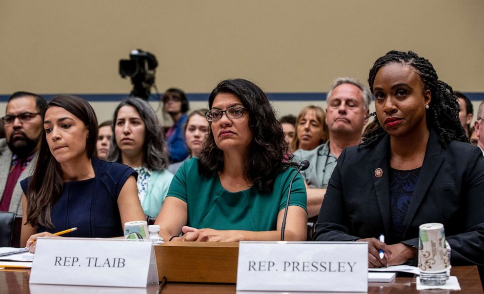 PHOTO: Reps. Alexandria Ocasio-Cortez, Rashida Tlaib and Ayanna Pressley listen during a House Oversight and Reform Committee hearing on Capitol Hill in Washington, July 12, 2019.