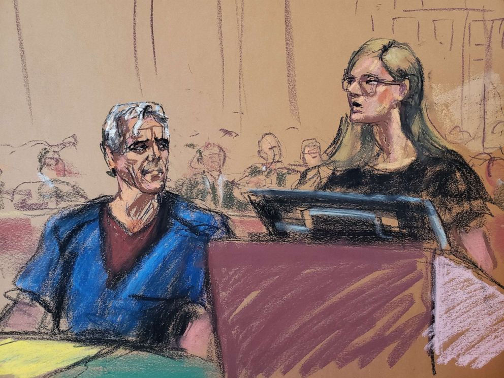 PHOTO: Annie Farmer (R) speaks as Jeffrey Epstein looks on during a a bail hearing in financier Jeffrey Epsteins sex trafficking case, in this court sketch in New York, July 15, 2019. 