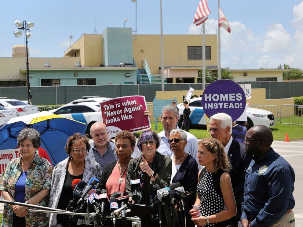PHOTO: Rep. Rosa DeLauro, center, stands with other members of Congress following a tour of the Homestead Shelter for Unaccompanied Children, July 15, 2019, in Homestead, Fla.