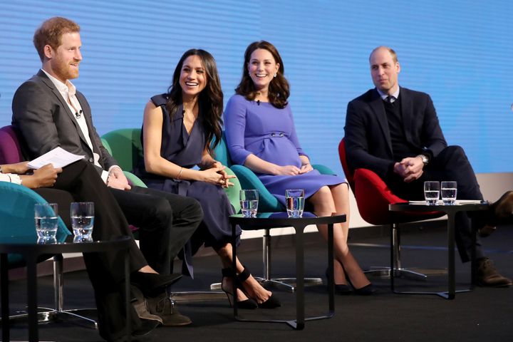 Harry, Meghan, Kate and William pictured at the first annual Royal Foundation Forum on Feb. 28, 2018, in London.