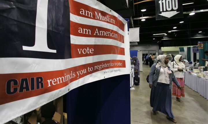 A sign at the 43rd annual Islamic Society of North America convention encourages participants to register to vote.