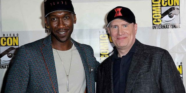 Mahershala Ali and Marvel Studios President Kevin Feige pose for a photo at San Diego Comic-Con on July 20, 2019. Ali has been announced as the new Blade in a reboot of the vampire-hunter series. Wesley Snipes previously starred as the "Day Walker."
