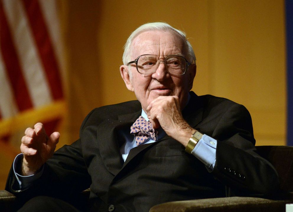 PHOTO: Retired Supreme Court Justice John Paul Stevens answers a question posed by Brooke Gladstone (not shown), Host and Managing Editor of National Public Radio newsmagazine at the National Constitution Center April 28 2014 in Philadelphia.