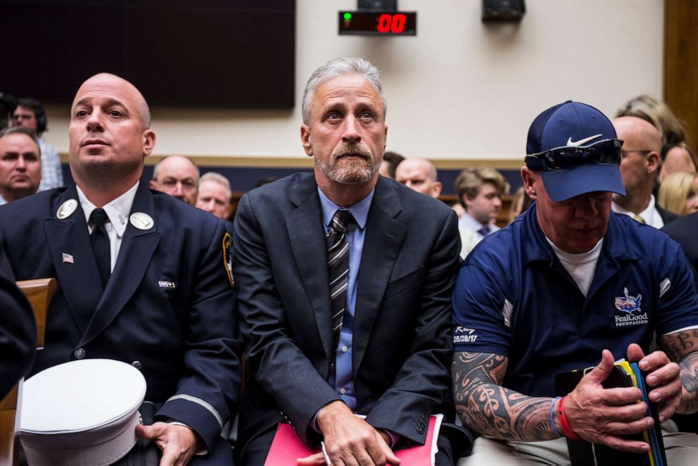 PHOTO: Jon Stewart arrives before testifying during a House Judiciary Committee hearing on reauthorization of the September 11th Victim Compensation Fund on Capitol Hill on June 11, 2019 in Washington, DC.