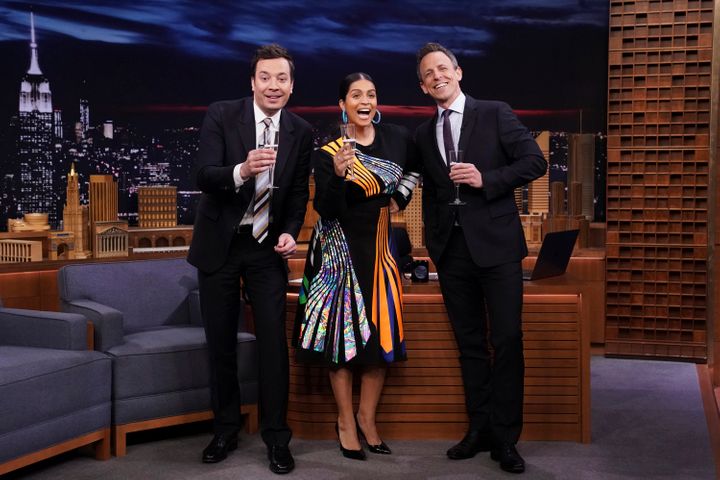 Lilly Singh (center), with fellow NBC hosts Jimmy Fallon (left) and Seth Meyers (right).
