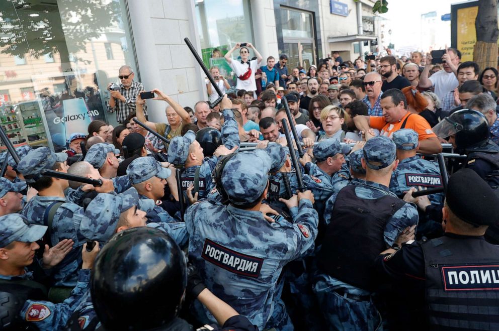 PHOTO: Protesters clash with police during an unsanctioned rally in the center of Moscow, Russia, Saturday, July 27, 2019.