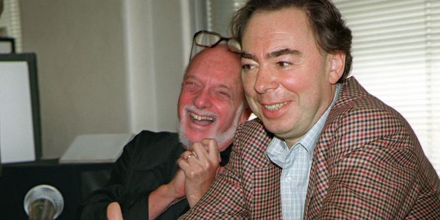 This Oct. 21, 1996 file photo shows Harold Prince, left, and Andrew Lloyd Webber, face reporters during a news conference in New York announcing Webber's new musical, "Whistle Down The Wind." Prince, who pushed the boundaries of musical theater with such groundbreaking shows as “The Phantom of the Oepra,” "Cabaret," "Company" and "Sweeney Todd" and won a staggering 21 Tony Awards, died Wednesday, July 31, 2019, after a brief illness in Reykjavik, Iceland. He was 91.