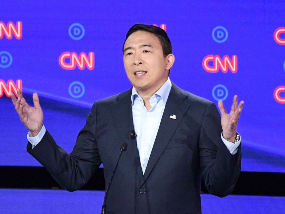 PHOTO: Democratic presidential hopeful entrepreneur Andrew Yang delivers his opening statement during the second round of the second Democratic primary debate in Detroit, July 31, 2019.