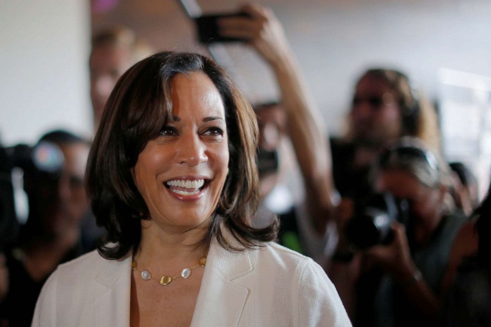 PHOTO: Democratic 2020 U.S. presidential candidate and U.S. Senator Kamala Harris makes a campaign visit to the Narrow Way Cafe and Shop in Detroit, Michigan, July 29, 2019.
