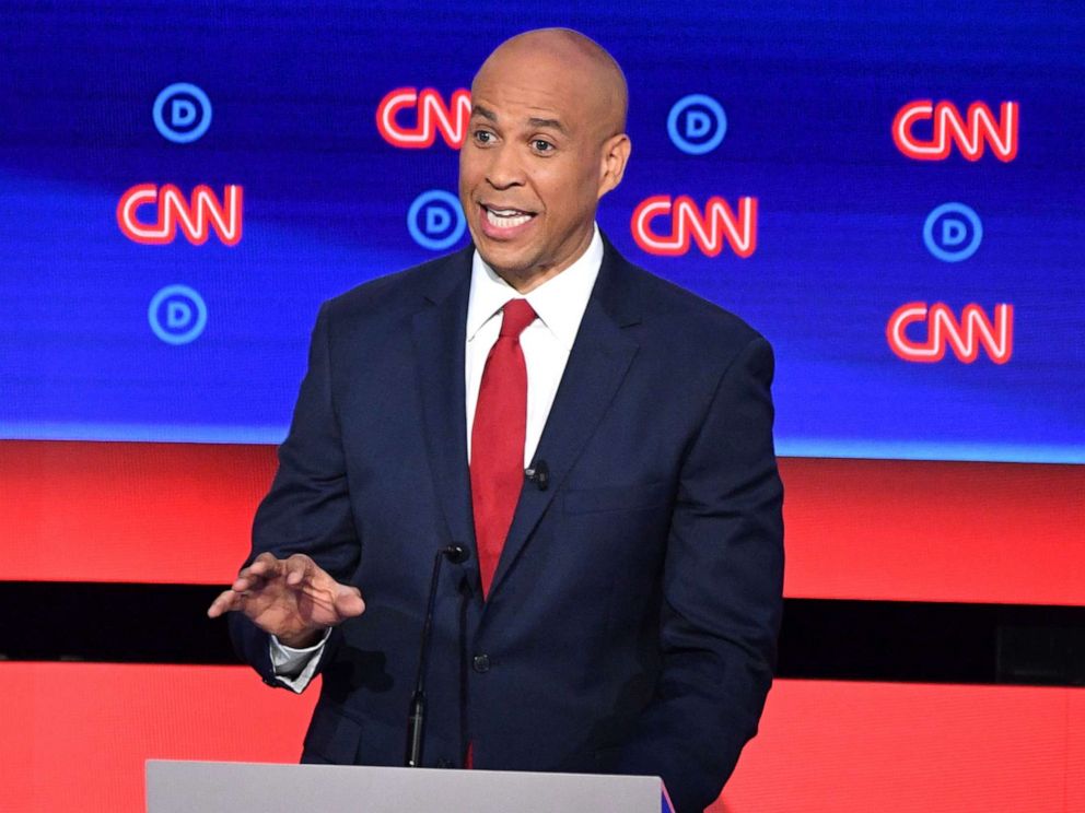 PHOTO: Democratic presidential hopeful Sen. Cory Booker delivers his opening statement during the second round of the second Democratic primary debate in Detroit, July 31, 2019.