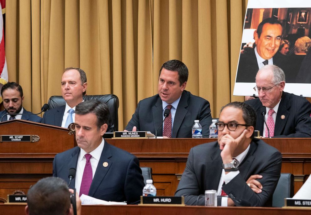 PHOTO: From top left, House Intelligence Committee Chairman Adam Schiff, Rep. Devin Nunes, and Rep. Mike Conaway, from bottom left, Rep. John Ratcliffe, and Rep. Will Hurd, are shown as Robert Mueller testifies in Washington, D.C., July 24, 2019.
