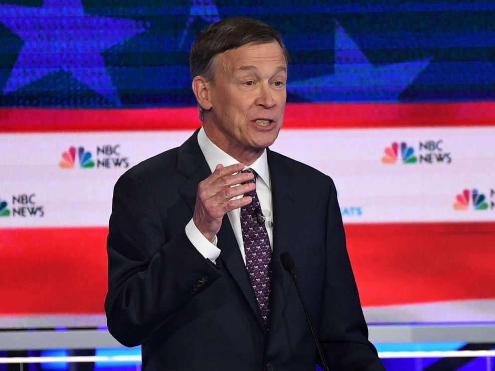 PHOTO: John Hickenlooper participates in the second night of the first 2020 democratic presidential debate at the Adrienne Arsht Center for the Performing Arts in Miami, June 27, 2019.