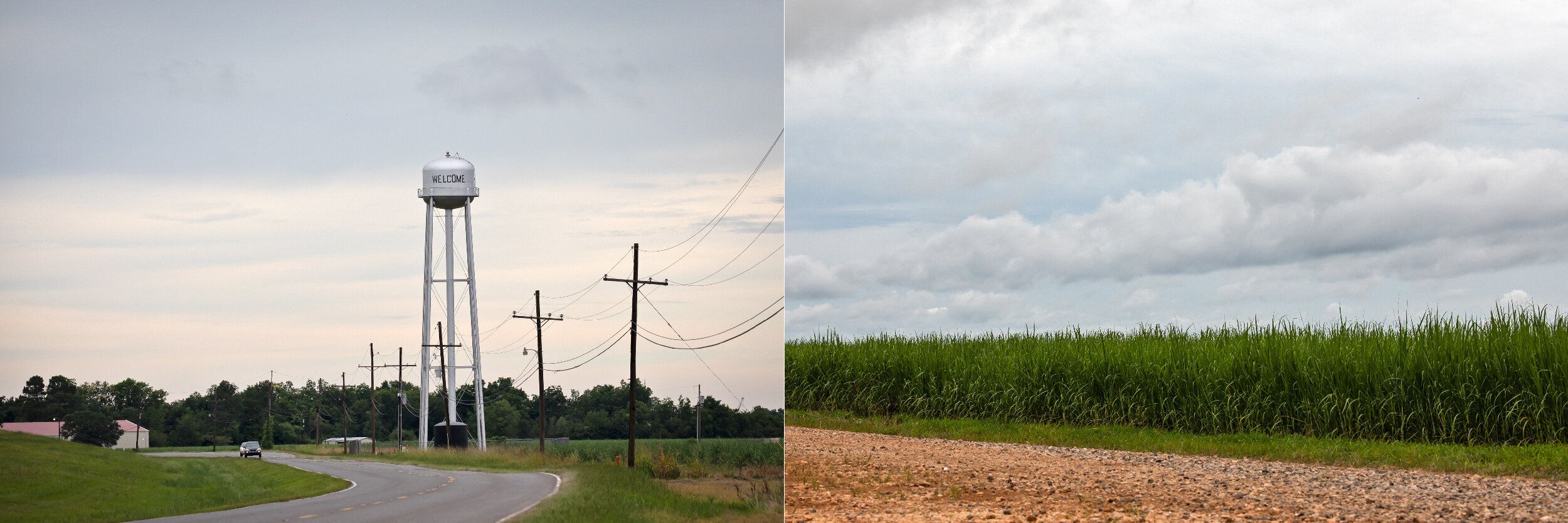LEFT: Water tower in Welcome, Louisiana near the site of Formosa's planned petrochemical complex. RIGHT: The site of the plan
