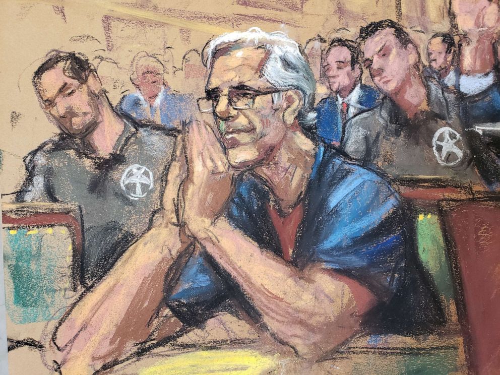 PHOTO: Jeffrey Epstein looks on during a bail hearing in his sex trafficking case, in this court sketch in New York, July 15, 2019.