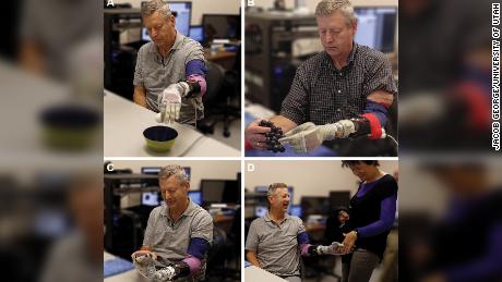 Walgamott performed several one- and two-handed daily living tasks while using the sensorized prosthesis, including moving an egg (A), picking grapes (B), texting on his phone (C), and shaking hands with his wife (D). 