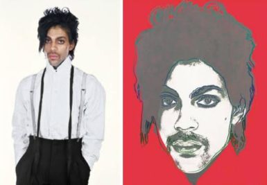 Lynn Goldsmith's portrait of Prince next to Andy Warhol's image of him. 