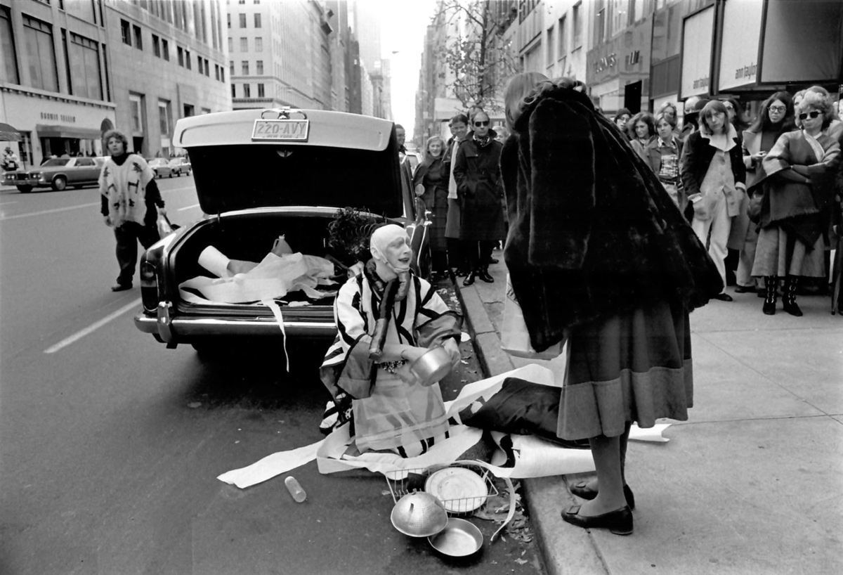 Jimmy DeSana, Untitled (Stephen Varble Performing Gutter Art with Onlooker), 1975, gelatin silver print. A Look Back: 50 Years After Stonewall, Fort Gansevoort. 