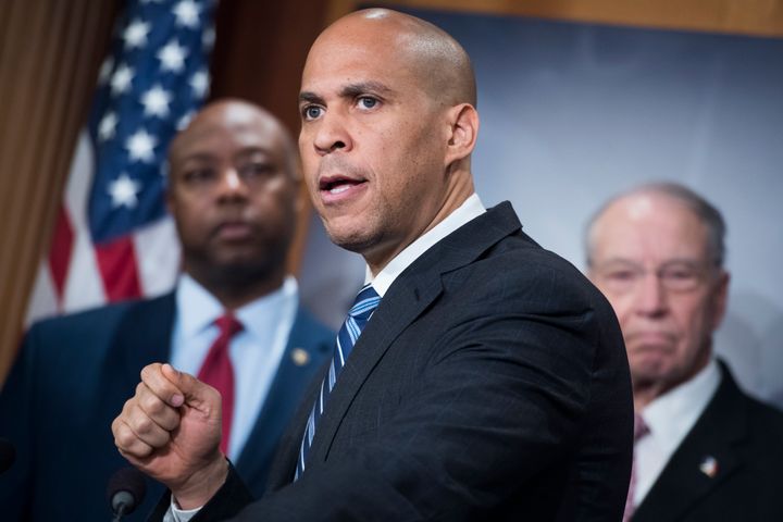 Sen. Cory Booker speaks at a press conference in the Capitol in December 2018 on the passage of the First Step Act, a crimina