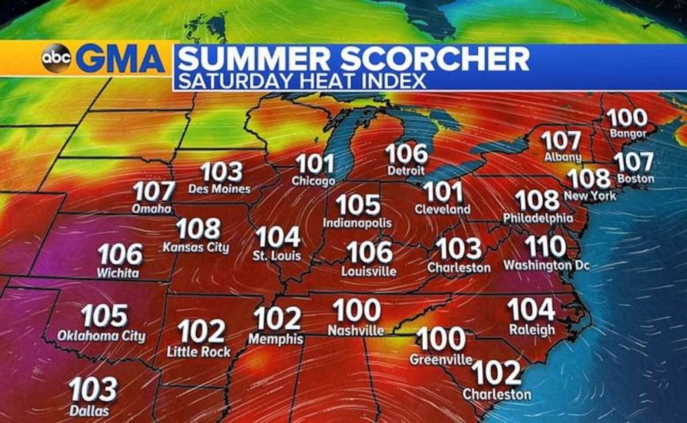 PHOTO: Heat index readings will be over 100 across most of the eastern half of the country on Saturday.