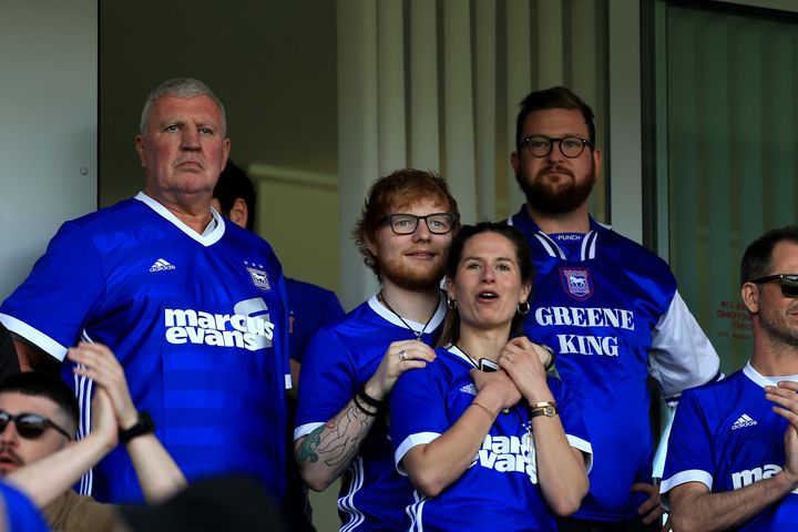 Ed Sheeran and Cherry Seaborn attend a soccer match in Ipswich, England, on April 21, 2018.