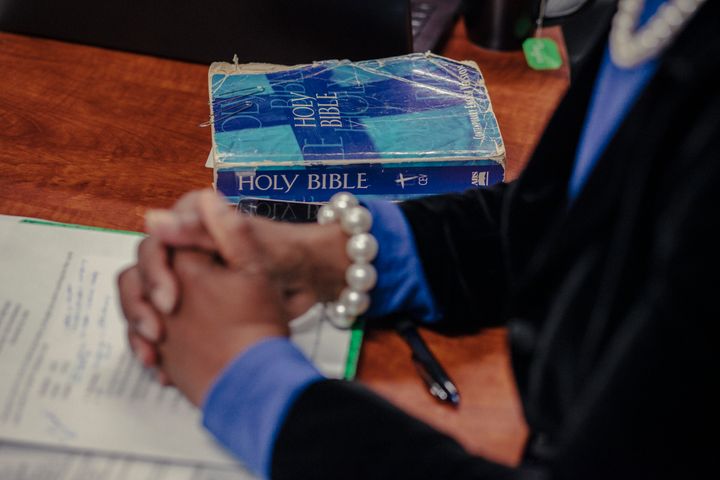 A Bible rests on a conference room table at Miracle Hill Ministries in Greenville, South Carolina, in November 2018.