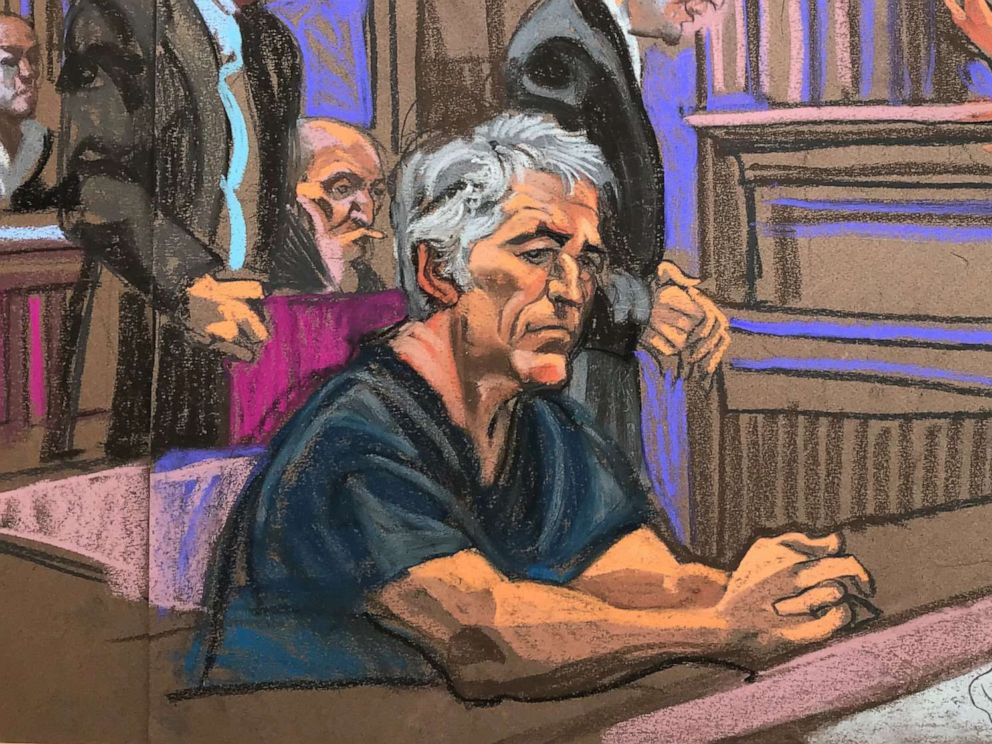 PHOTO: A courtroom sketch depicts billionaire financier Jeffrey Epstein in federal court in Manhattan on July 8, 2019.