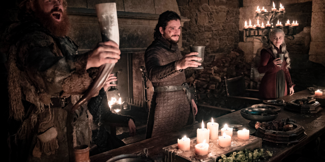 This image released by HBO shows Kristofer Hivju, from left, Kit Harington and Emilia Clarke in a scene from "Game of Thrones."