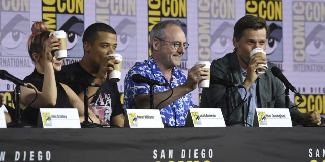 Maisie Williams, from left, Jacob Anderson, Liam Cunningham and Nikolaj Coster-Waldau appear at the "Game of Thrones" panel on day two of Comic-Con 