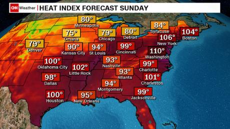 This map shows heat index forecasts for Sunday, as of the early morning.