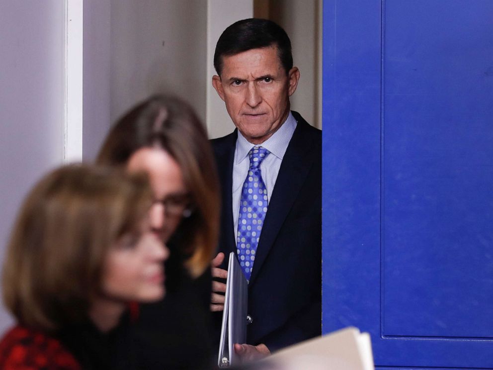 PHOTO: In this Feb. 1, 2017, photo, then-National Security Adviser Michael Flynn arrives for the daily news briefing at the White House, in Washington.
