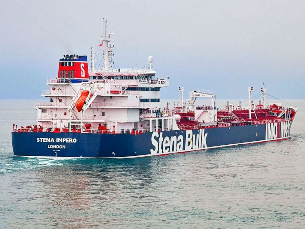 PHOTO: This undated photo issued on July 19, 2019, by Stena Bulk, shows the British oil tanker Stena Impero at unknown location, which is believed to have been captured by Iran. 