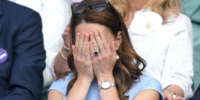 LONDON, ENGLAND - JULY 14: Catherine, Duchess of Cambridge in the Royal Box on Centre court during Men's Finals Day of the Wimbledon Tennis Championships at All England Lawn Tennis and Croquet Club on July 14, 2019 in London, England. 