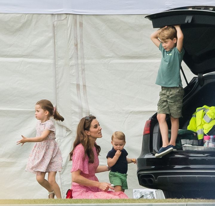 The Duchess of Cambridge with Charlotte, Louis and George (left to right)&nbsp;at the King Power Royal Charity Polo Day at Bi