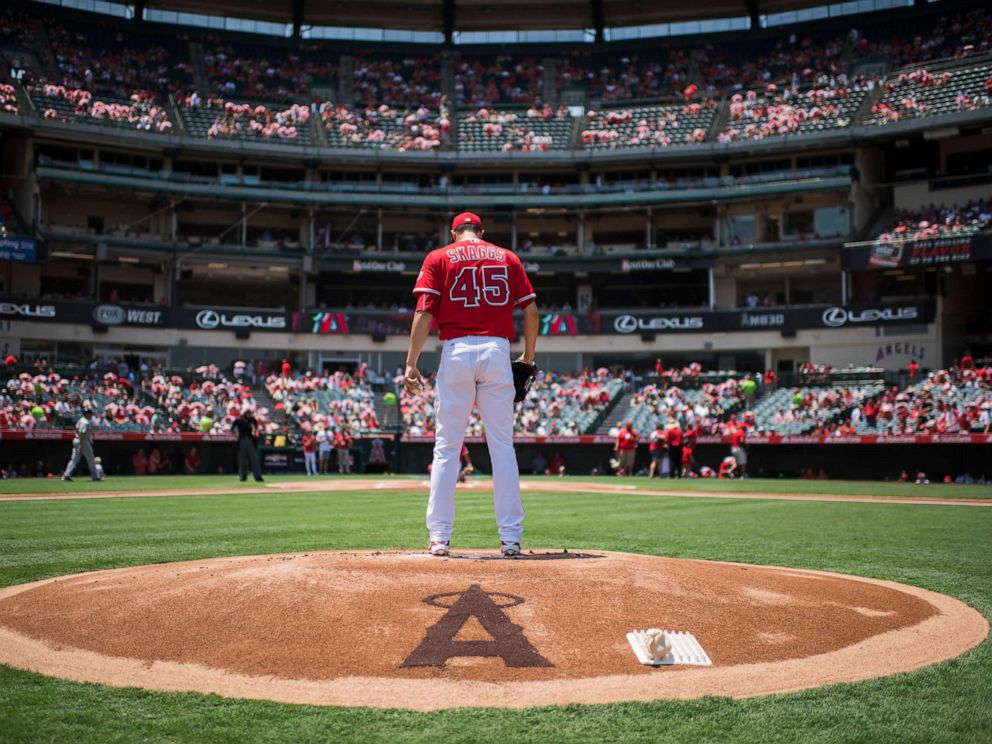 PHOTO: In this file photo, starting pitcher Tyler Skaggs, #45 of the Los Angeles Angels of Anaheim prepares to pitch while warming up before the game against the Boston Red Sox at Angel Stadium, July 31, 2016, in Anaheim, Calif.