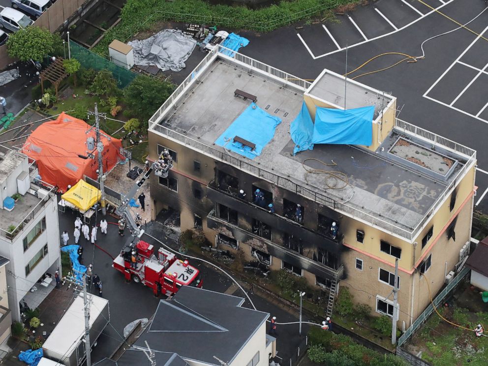 PHOTO: This aerial view shows the rescue and recover scene after a fire at an animation company building killed some two dozen people in Kyoto on July 18, 2019.