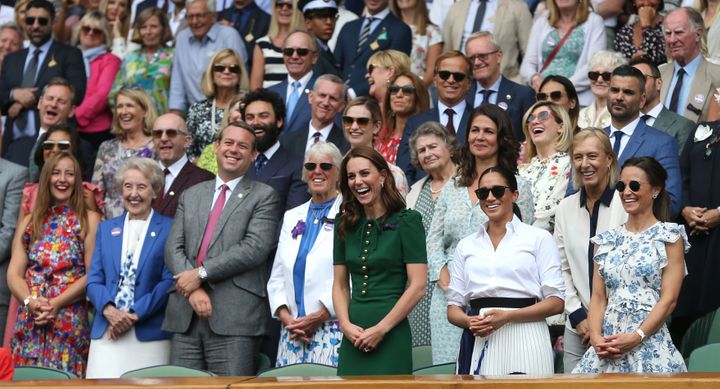 The Duchess of Cambridge (in green dress) and (on the right) the Duchess of Sussex and Pippa Middleton Matthews share a laugh