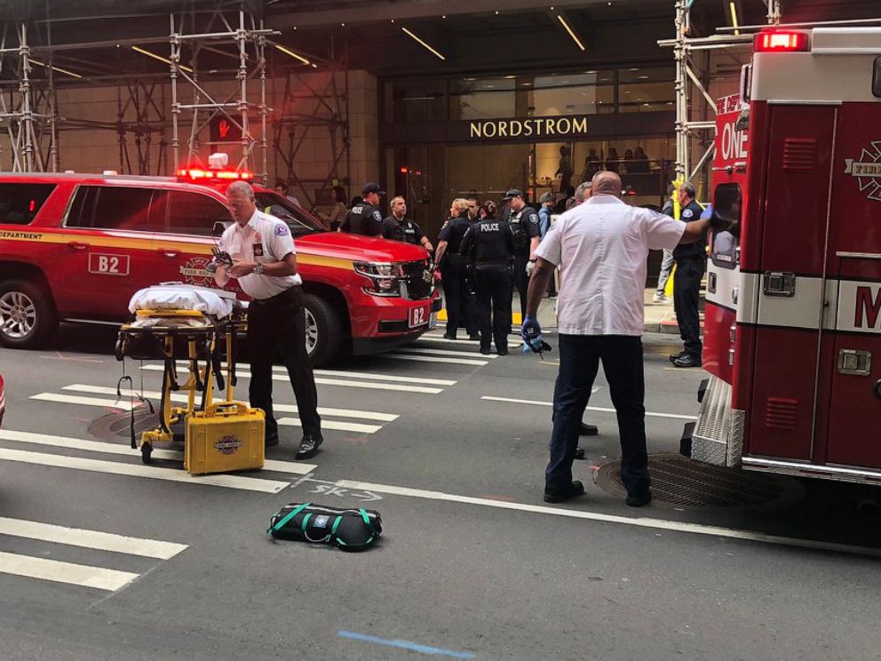 PHOTO: Police and paramedics respond near the scene of a stabbing that took place in Seattle, July 9, 2019.