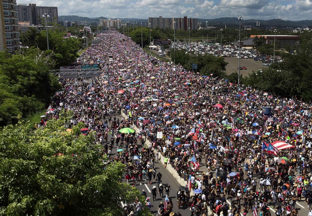 PHOTO: An aerial view from a drone shows thousands of people as they fill the Expreso Las Americas highway calling for the ouster of Gov. Ricardo A. Rossello on July 22, 2019 in San Juan, Puerto Rico.