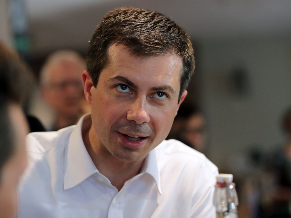 PHOTO: In this July 12, 2019 file photo, Democratic presidential candidate South Bend Mayor Pete Buttigieg campaigns at the Revolution Taproom & Grill, in Rochester, N.H.