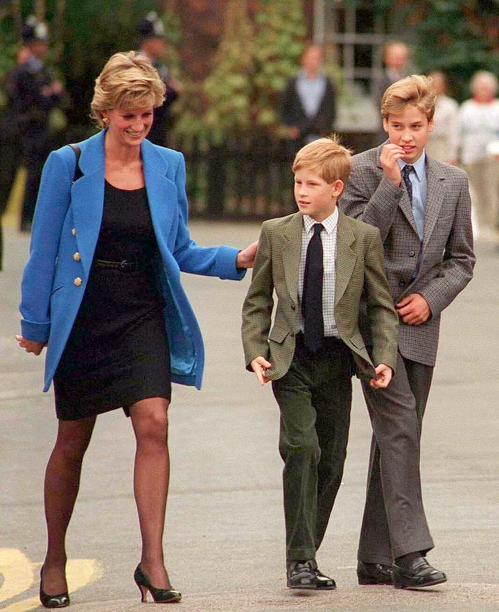 Prince William with Diana, Princess of Wales and Prince Harry on the day he joined Eton in Sept. 1995.
