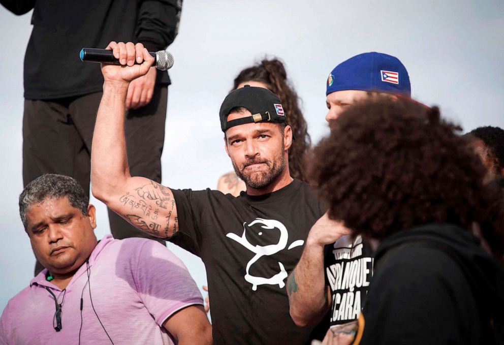PHOTO: Ricky Martin gestures after speaking during a demonstration demanding Governor Ricardo Rossellos resignation in San Juan, Puerto Rico, July 17, 2019. 